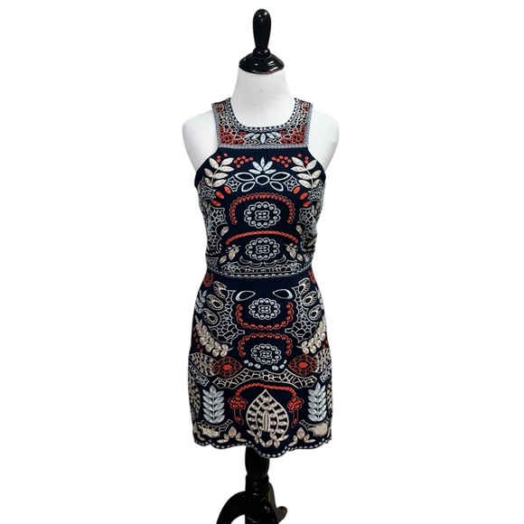 J.O.A Los Angeles Women's Small Mini Sheath Dress Embroidery Boho Scalloped Hem - Picture 5 of 11